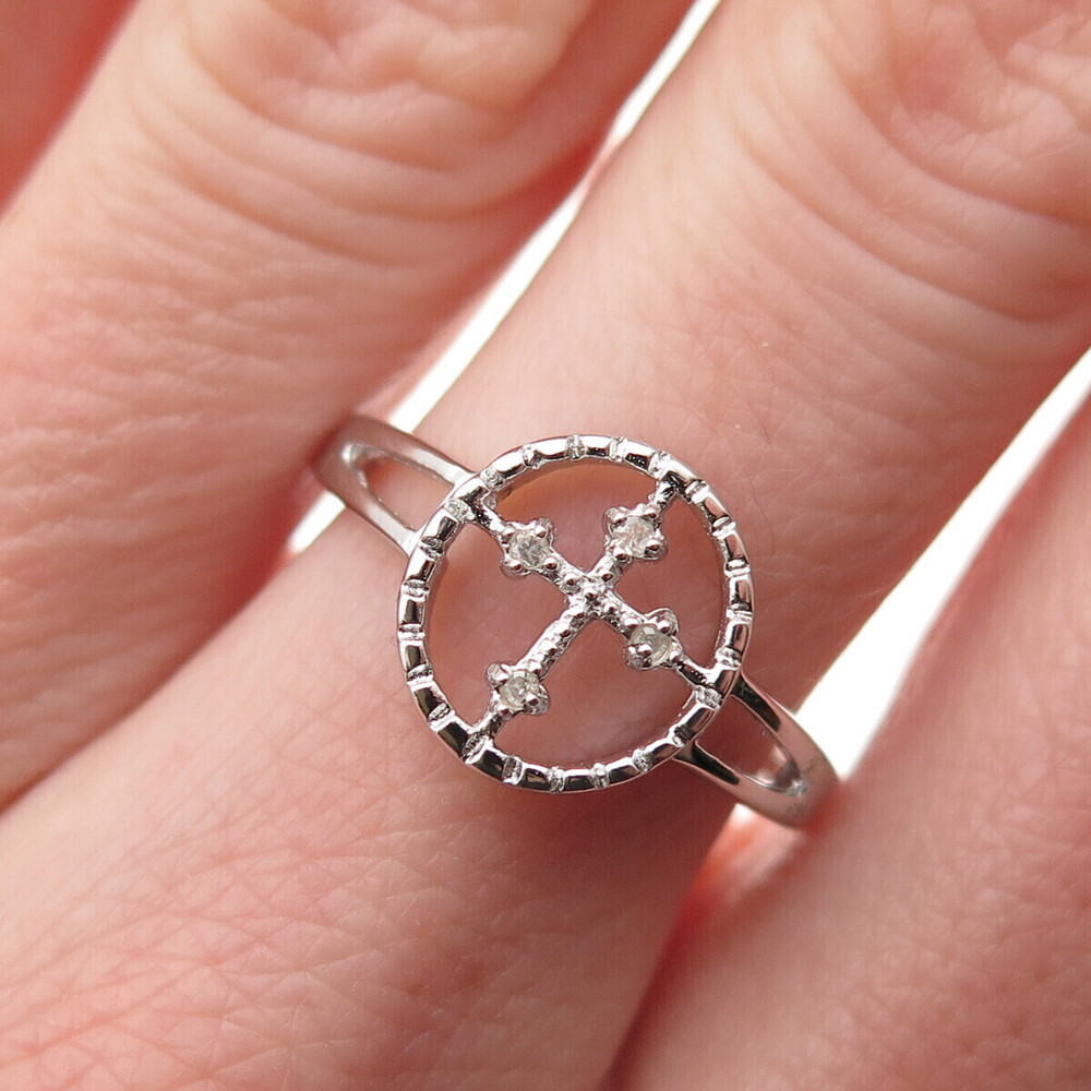 925 Sterling Silver Real Round-Cut Diamond Cross Ring Size 7